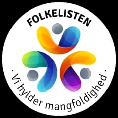 Folkelistens mærke med teksten »Vi hylder mangfoldighed« i en rund cirkel