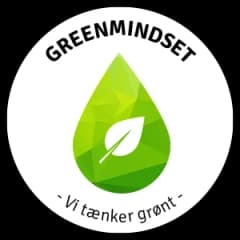 Greenmindset-mærket: en grøn dråbe med et blad og teksten »Vi tænker grønt«